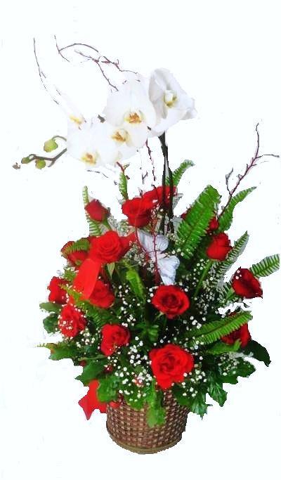 Sepet i�erisinde orkide ve g�ller<br>Sepet ��erisinde 1 dal saks� orkide ve etraf�nda 18 adet k�rm�z� g�l, ortalam a�r�n boyutlar� 55x70 cm